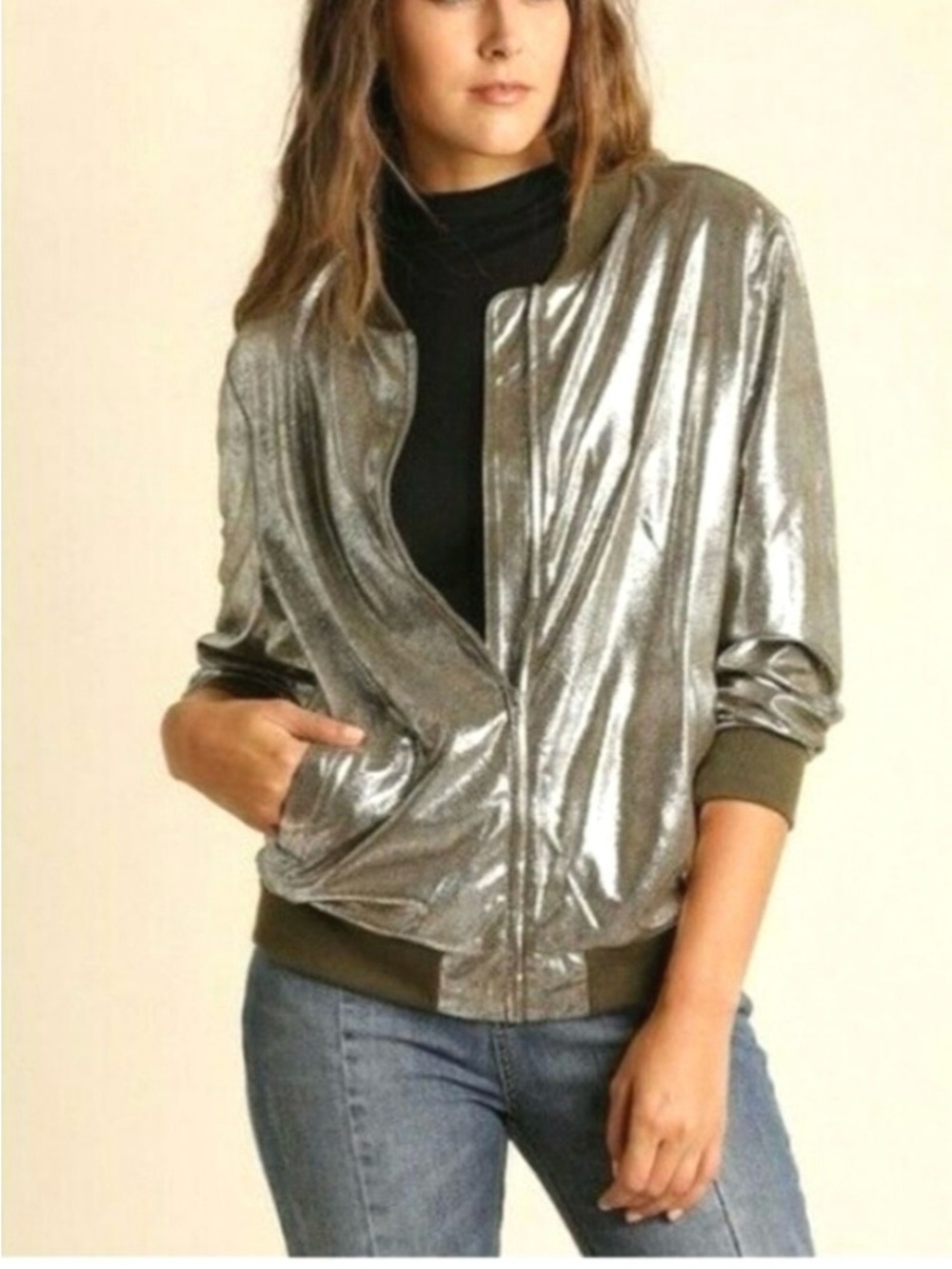 Umgee Metallic Silver Bomber Jacket with Olive Trim